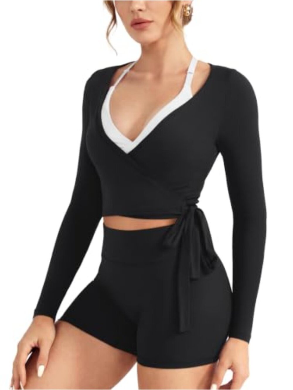VOYJOY Women Ballet Wrap Top Long Sleeve Y2K Active Tie Shirt Blouse